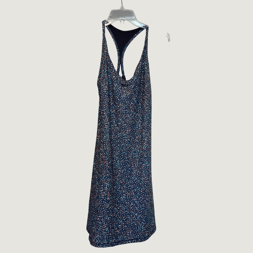 prAna NWOT Navy Blue Abstract Dash Print Racerback Active Dress with Pocket